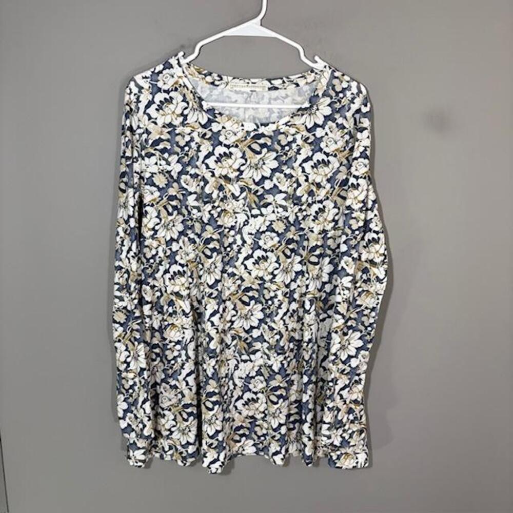 Peruvian Connection T-Shirt Womens XS Blue Floral Scoop Neck Long Sleeve Top